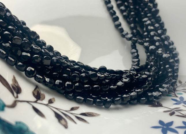 4mm Micro Faceted Diamond Cut Black Color Spinal Beads Flat Coin Disc Shape Genuine Spinal Gemstone Beads 15.5 Inches Strand #3068