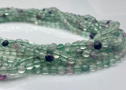 4mm Micro Faceted Diamond Cut Translucent Multi Color Fluorite Flat Coin Disc Shape Genuine Fluorite Gemstone Beads 15.5 Inches Strand #3070