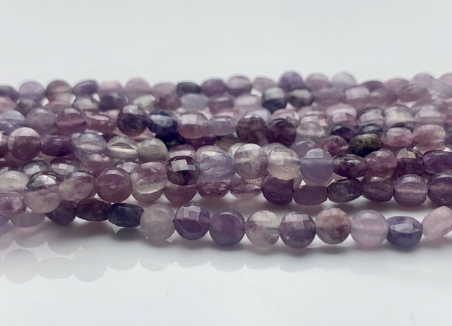 4mm 7mm Micro Faceted Diamond Cut Light Purple Lepidolite Flat Coin Disc Shape Genuine Lepidolite Gemstone Beads 15.5 Inches Strand #3075