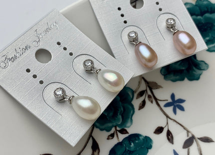 7.5x10 mm White Pink Peacock Freshwater Pearl Earrings With Classic Design 925 Sterling Silver Earrings #10051-B