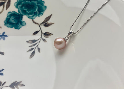 8-9 mm AAA Natural White and Pink Round Genuine Freshwater Pearl Pendant 925 Sterling Silver DIY Jewelry #10054-B