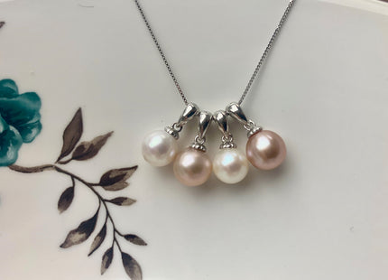 8-9 mm AAA Natural White and Pink Round Genuine Freshwater Pearl Pendant 925 Sterling Silver DIY Jewelry #10054-B