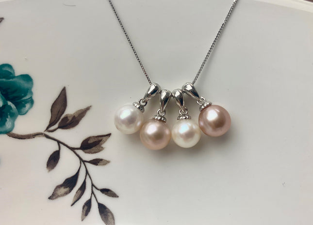 8-9 mm AAA Natural White and Pink Round Genuine Freshwater Pearl Pendant 925 Sterling Silver DIY Jewelry #10054-B