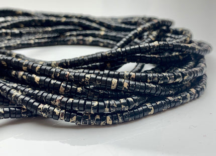 2x4mm Natural Black Color Impression Jasper Heishi Rondelle Shape Genuine Sea Sediment Jasper Discs Gemstone Beads 15.5 Inches Strand #3111