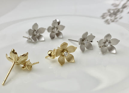 One Pair 925 Sterling Silver/Gold Earring Studs Setting Genuine 925 Silver Flower Shape Design For Half Drilled Pearls DIY Jewelry #10055-A