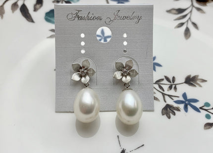 10x12mm AAA Natural White Freshwater Pearl Earrings With Classic Flower Design W/CZ 925 Sterling Silver Pearl Earrings #10055-B