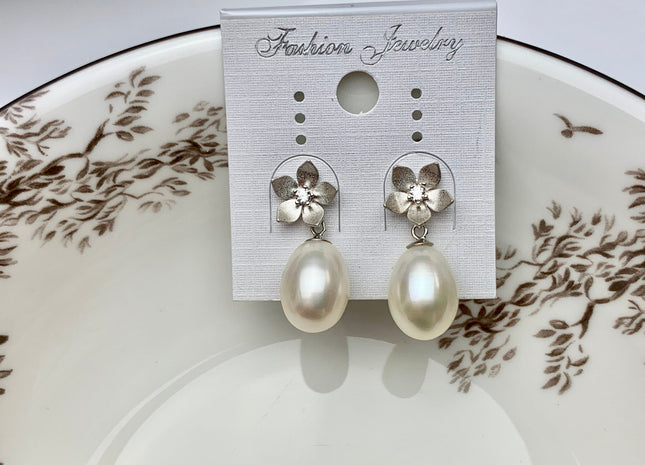 10x12mm AAA Natural White Freshwater Pearl Earrings With Classic Flower Design W/CZ 925 Sterling Silver Pearl Earrings #10055-B