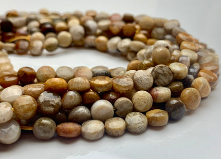 6 mm Micro Faceted Diamond Cut Picture Jasper Flat Coin Disc Shape Gemstone Beads Genuine Wood Color Picture Jasper 15 Inches Strand #3175
