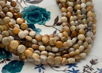 6 mm Micro Faceted Diamond Cut Picture Jasper Flat Coin Disc Shape Gemstone Beads Genuine Wood Color Picture Jasper 15 Inches Strand #3175