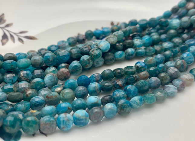 6 mm Micro Faceted Diamond Cut Blue Apatite Flat Coin Disc Shape Gemstone Beads Genuine Natural Blue Apatite 15 Inches Strand #3173