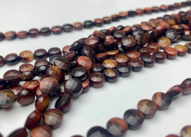 6mm Micro Faceted Diamond Cut Mahogany Red Color Tiger Eye Flat Coin Disc Shape Genuine Tiger Eye Gemstone Beads 15.5 Inches Strand #3171