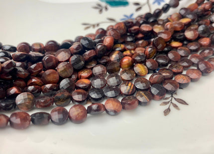 6mm Micro Faceted Diamond Cut Mahogany Red Color Tiger Eye Flat Coin Disc Shape Genuine Tiger Eye Gemstone Beads 15.5 Inches Strand #3171