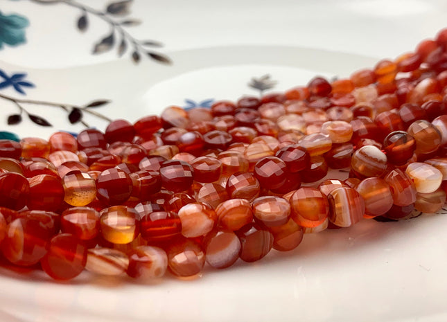 6 mm Micro Faceted Diamond Cut Orange Red Line Agate Flat Coin Disc Shape Gemstone Beads Genuine Natural Color Agate 15 Inches Strand #3160
