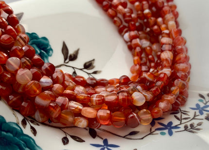 6 mm Micro Faceted Diamond Cut Orange Red Line Agate Flat Coin Disc Shape Gemstone Beads Genuine Natural Color Agate 15 Inches Strand #3160