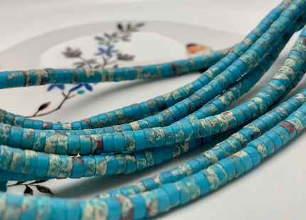 2x4mm Aqua Blue Color Impression Jasper Heishi Rondelle Shape Genuine Blue Sea Sediment Jasper Discs Gemstone Beads 15.5 Inches Strand #3131