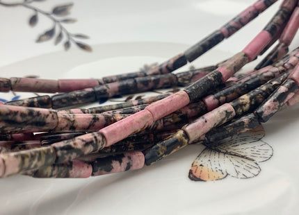 4x13-14 mm Tube Shape Natural Rhodonite Gemstone Beads Genuine Pink And Black Rhodonite Gemstones Loose Beads 15.5 Inches Strand #3147