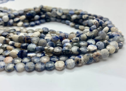 6 mm Micro Faceted Diamond Cut Sodalite Flat Coin Disc Gemstone Beads Genuine Natural Blue And White Color Sodalites 15 Inches Strand #3180
