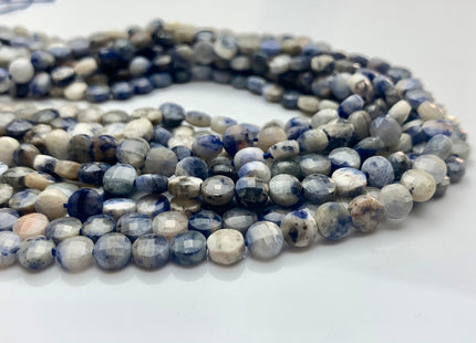 6 mm Micro Faceted Diamond Cut Sodalite Flat Coin Disc Gemstone Beads Genuine Natural Blue And White Color Sodalites 15 Inches Strand #3180