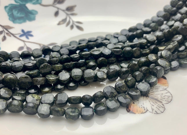 6 mm Micro Faceted Diamond Cut Green Wave Jasper Flat Coin Disc Shape Gemstone Bead Genuine Natural Green Black Color Jasper 15 Inches #3166