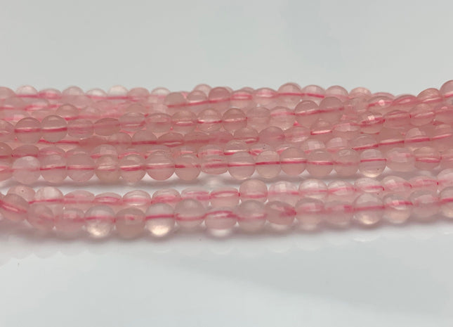 4mm Micro Faceted Diamond Cut Pink Color Rose Quartz Flat Coin Disc Shape Genuine Rose Quartz Gemstone Beads 15.5 Inches Strand #3080