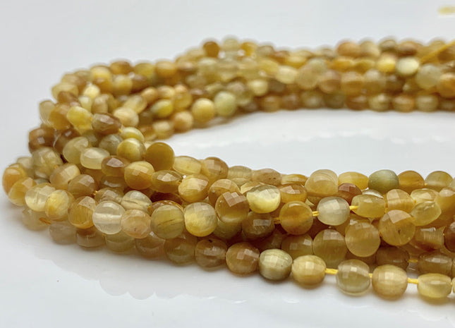 4mm Micro Faceted Diamond Cut Golden Color Tiger Eye Flat Coin Disc Shape Genuine Tiger Eye Gemstone Beads 15.5 Inches Strand #3083