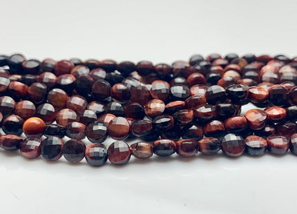 4mm 6.5mm Micro Faceted Diamond Cut Mahogany Red Color Tiger Eye Flat Coin Disc Shape Genuine Tiger Eye Gemstone Bead 15.5 Inches #3084