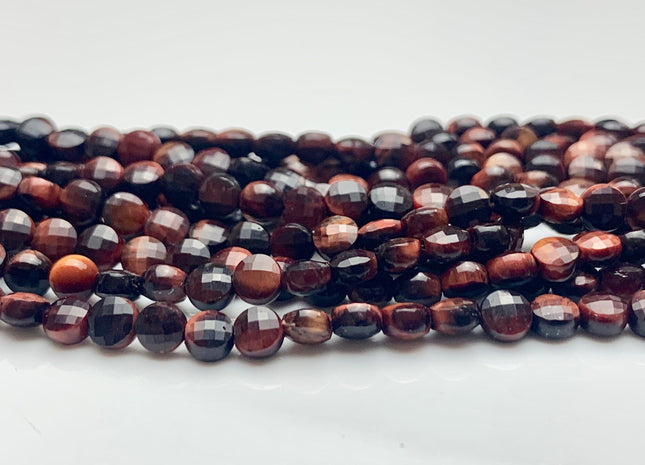 4mm 6.5mm Micro Faceted Diamond Cut Mahogany Red Color Tiger Eye Flat Coin Disc Shape Genuine Tiger Eye Gemstone Bead 15.5 Inches #3084