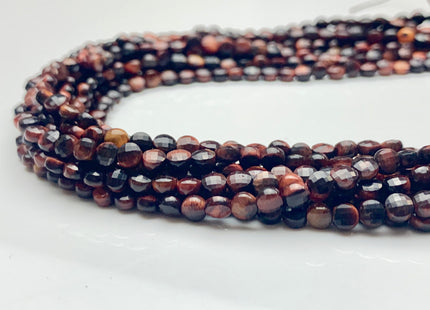 4mm 6.5mm Micro Faceted Diamond Cut Mahogany Red Color Tiger Eye Flat Coin Disc Shape Genuine Tiger Eye Gemstone Bead 15.5 Inches #3084