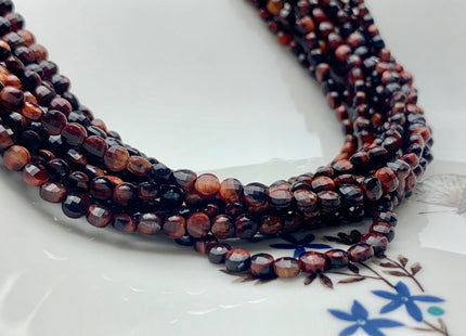 4mm 6.5mm Micro Faceted Diamond Cut Mahogany Red Color Tiger Eye Flat Coin Disc Shape Genuine Tiger Eye Gemstone Bead 15.5 Inches #3084
