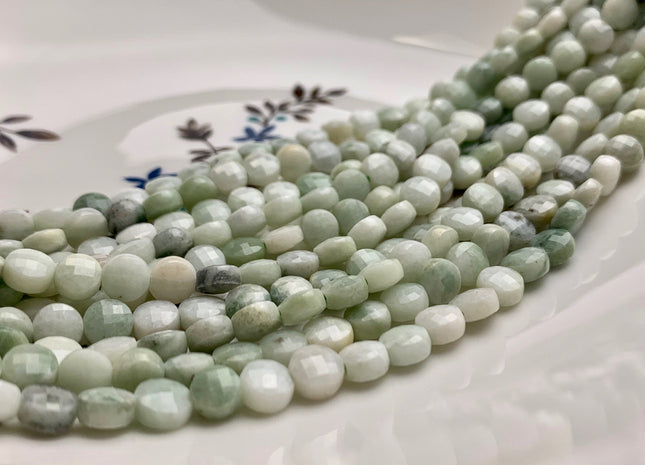 6 mm Micro Faceted Diamond Cut Light Green Jade Flat Coin Disc Shape Gemstone Beads Genuine Natural Jade 15 Inches Strand #3221