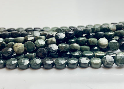 6 mm Micro Faceted Diamond Cut Green Wood Jasper Flat Coin Disc Shape Gemstone Bead Genuine Natural Dark Green Color Jasper 15 Inches #3223