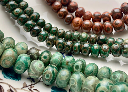 9x14mm 12x16mm AAA DZI Tibetan Agate Faceted Drum Shape Multi Green Color Eye Agate Gemstone Mala Antique Boho Beads 12 Inches #3240