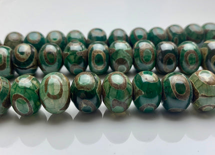 10x14 mm AAA DZI Tibetan Agate Faceted Drum Shape Dark Green Color Eye Agate Gemstone Mala Antique Boho Beads 12.5 Inches 34 Beads #3241