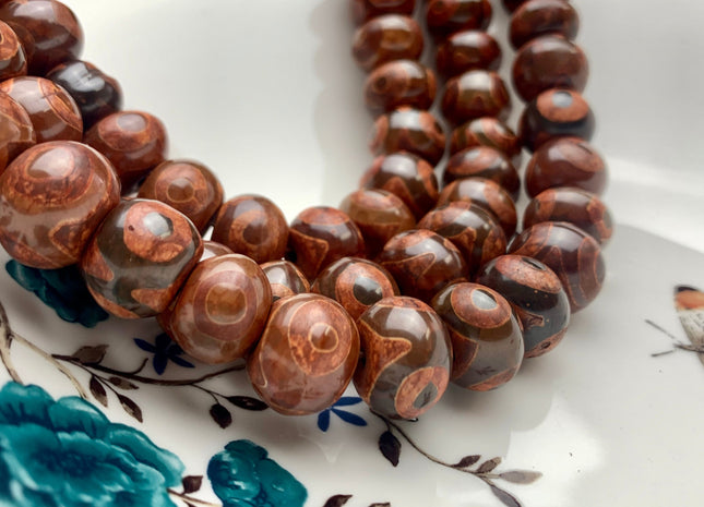 10x14 mm AAA DZI Tibetan Agate Faceted Drum Shape Orange Reds Color Eye Agate Gemstone Mala Antique Boho Beads 12 Inches 34 Beads #3242