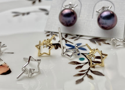 One Pair 925 Sterling Silver/Gold Earring Studs Setting Genuine 925 Silver Star Shape Design For Half Drilled Pearls DIY Jewelry #10058-A