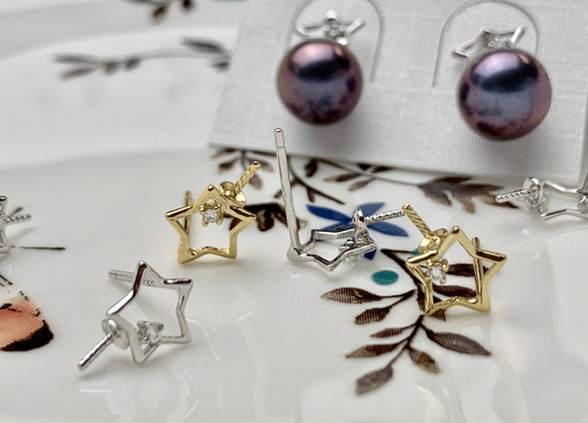 One Pair 925 Sterling Silver/Gold Earring Studs Setting Genuine 925 Silver Star Shape Design For Half Drilled Pearls DIY Jewelry #10058-A