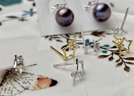 One Pair 925 Sterling Silver/Gold Earring Studs Setting Genuine 925 Silver Star Shape Design For Half Drilled Pearls DIY Jewelry #10058-A