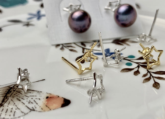 One Pair 925 Sterling Silver/Gold Earring Studs Setting Genuine 925 Silver Star Shape Design For Half Drilled Pearls DIY Jewelry #10058-A