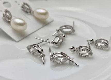 One Pair 925 Sterling Silver Earring Studs Setting Genuine 925 Silver Oval Shape Design For Half Drilled Pearls DIY Jewelry #10061-A