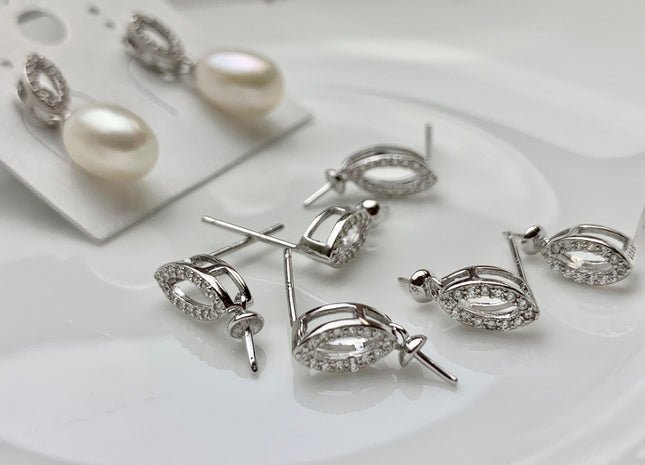 One Pair 925 Sterling Silver Earring Studs Setting Genuine 925 Silver Oval Shape Design For Half Drilled Pearls DIY Jewelry #10061-A