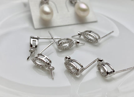 One Pair 925 Sterling Silver Earring Studs Setting Genuine 925 Silver Oval Shape Design For Half Drilled Pearls DIY Jewelry #10061-A