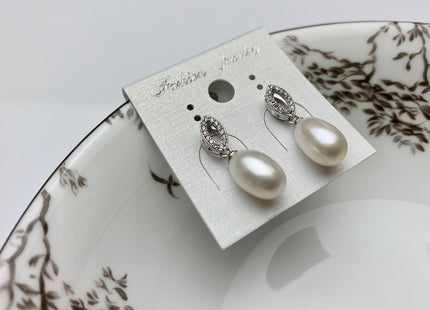 8x11mm AAAA Natural White Peacock Pink Freshwater Pearl Earrings With Classic Oval Design W/CZ 925 Sterling Silver Pearl Earrings #10061-B