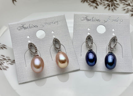 8x11mm AAAA Natural White Peacock Pink Freshwater Pearl Earrings With Classic Oval Design W/CZ 925 Sterling Silver Pearl Earrings #10061-B