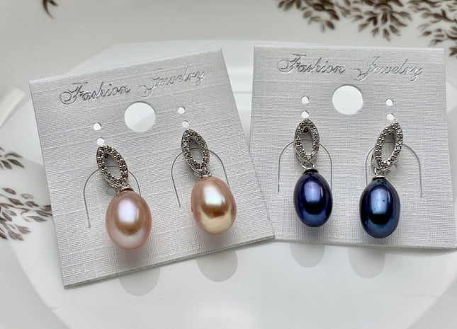 8x11mm AAAA Natural White Peacock Pink Freshwater Pearl Earrings With Classic Oval Design W/CZ 925 Sterling Silver Pearl Earrings #10061-B