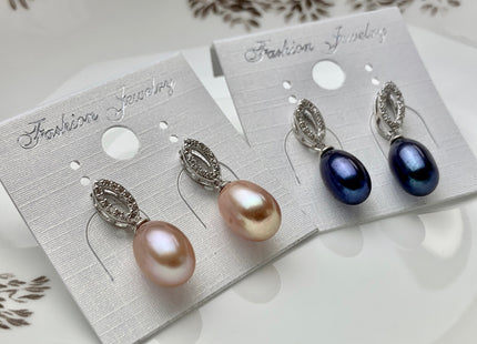 8x11mm AAAA Natural White Peacock Pink Freshwater Pearl Earrings With Classic Oval Design W/CZ 925 Sterling Silver Pearl Earrings #10061-B