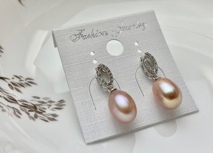 8x11mm AAAA Natural White Peacock Pink Freshwater Pearl Earrings With Classic Oval Design W/CZ 925 Sterling Silver Pearl Earrings #10061-B