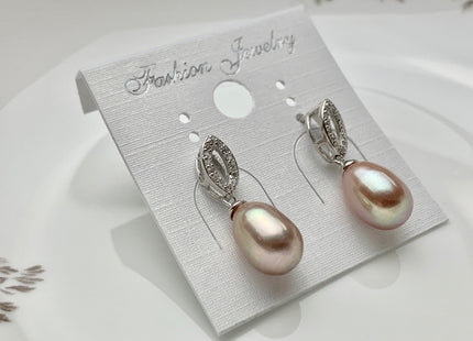 8x11mm AAAA Natural White Peacock Pink Freshwater Pearl Earrings With Classic Oval Design W/CZ 925 Sterling Silver Pearl Earrings #10061-B