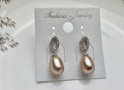 8x11mm AAAA Natural White Peacock Pink Freshwater Pearl Earrings With Classic Oval Design W/CZ 925 Sterling Silver Pearl Earrings #10061-B