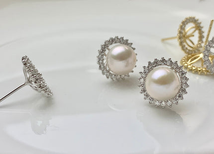 One Pair 925 Sterling Silver/Gold Earring Studs Setting Genuine 925 Silver W/CZ For Half Drilled Pearls DIY Bridal Jewelry #10074