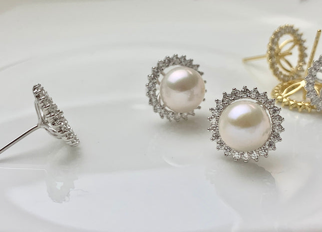 One Pair 925 Sterling Silver/Gold Earring Studs Setting Genuine 925 Silver W/CZ For Half Drilled Pearls DIY Bridal Jewelry #10074